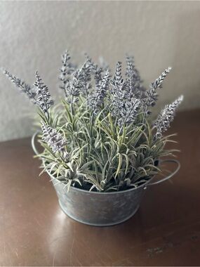 Artificial Lavender Plant in Silver Metal Planter - Decorative Home Accent